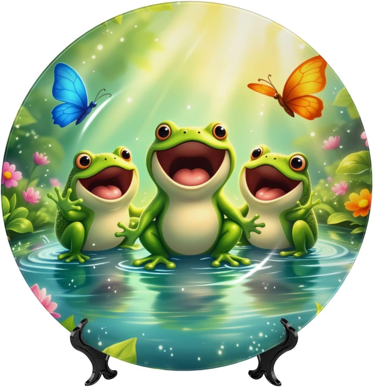 Frogs In Water With Birds Style Ceramic Plate Display Decorative Plate With Stand Wall Hanging Plate For Home Decor 10 Inch