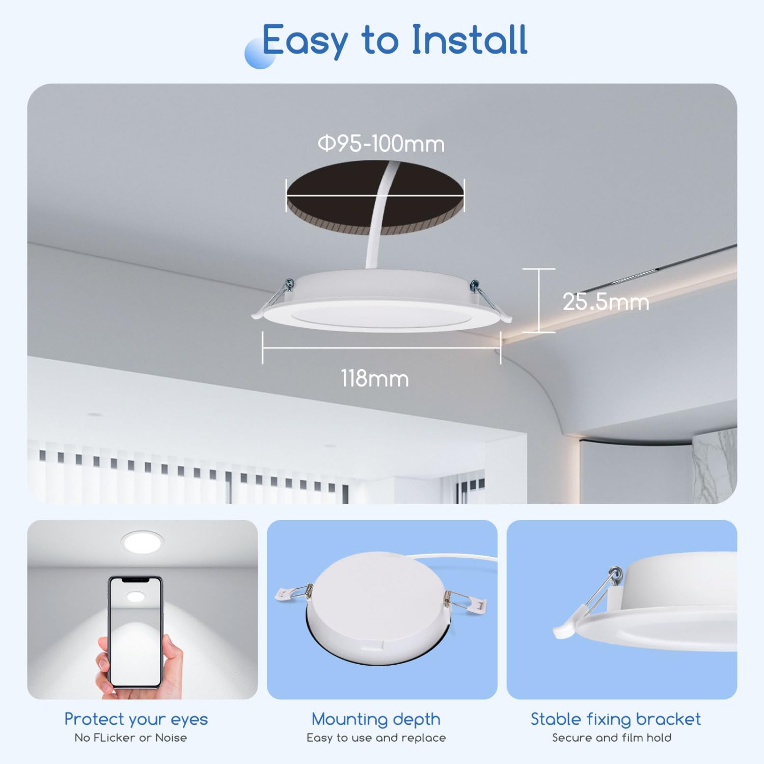 Aigostar Downlight led empotrable Redondo 6W equivalente 49W, 6500K Luz blanca fria, Blanco,foco empotrable LED,Ojos de buey de led, Ф95-100mm, 6 pack