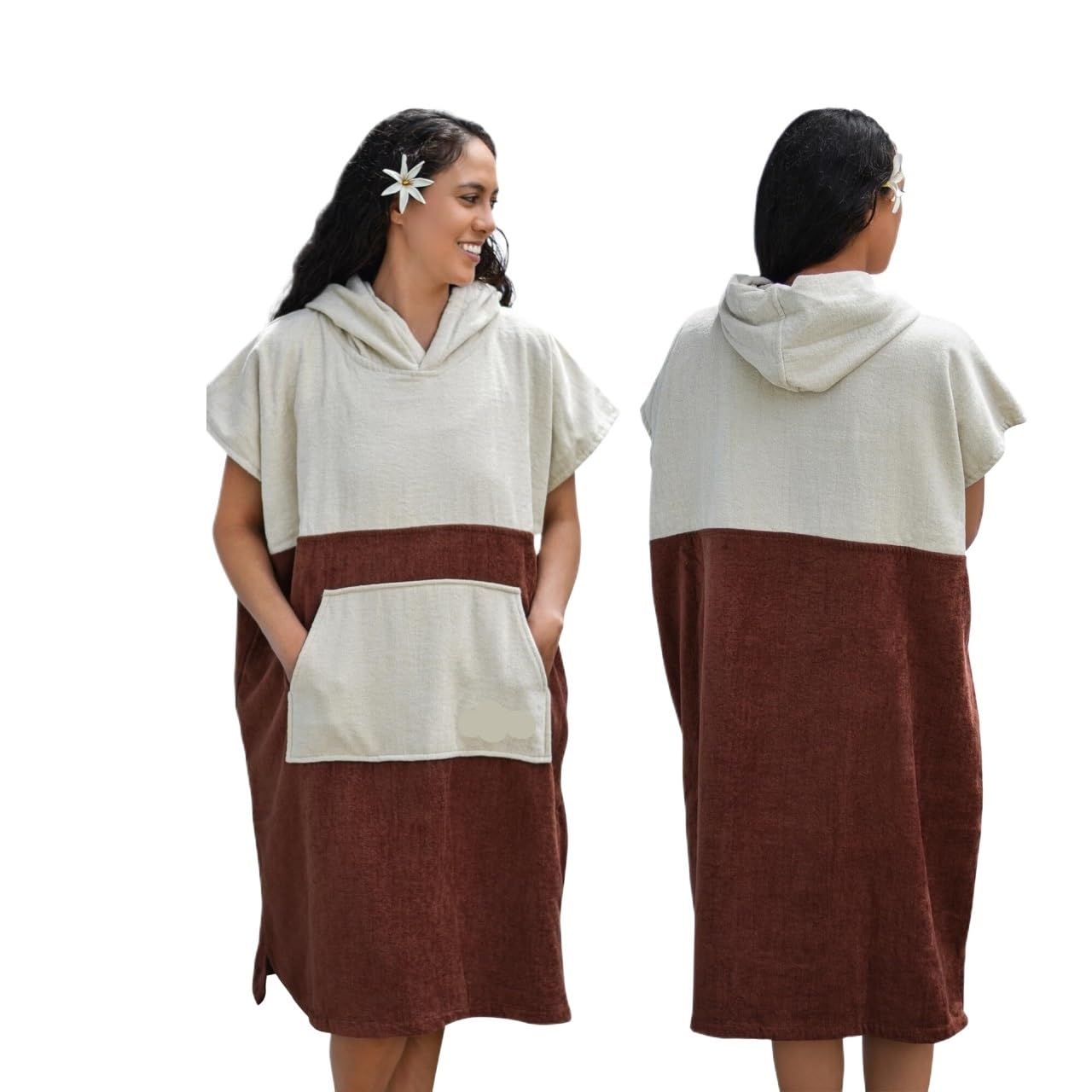 Poncho de bain adulte en coton pour surf et plage de couleur Bone Brown