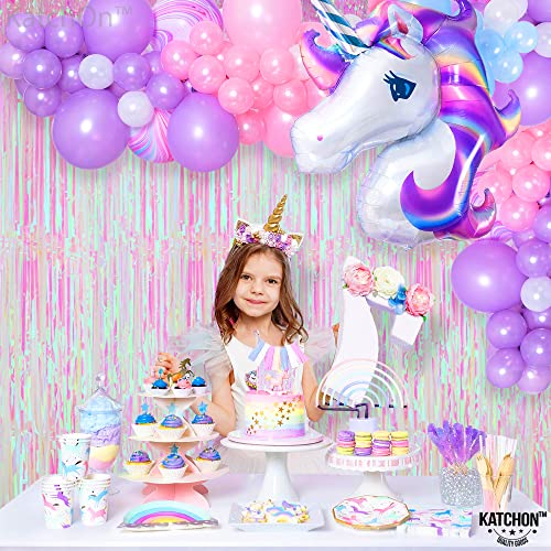 Image of KatchOn, XtraLarge Iridescent Pink Backdrop Curtain - 3.2x8 Ft, Pack of 2| Tinsel Backdrop for Gender Reveal, Bachelorette, Bridal Shower, Birthday Decorations | Mermaid, Unicorn Birthday Decorations