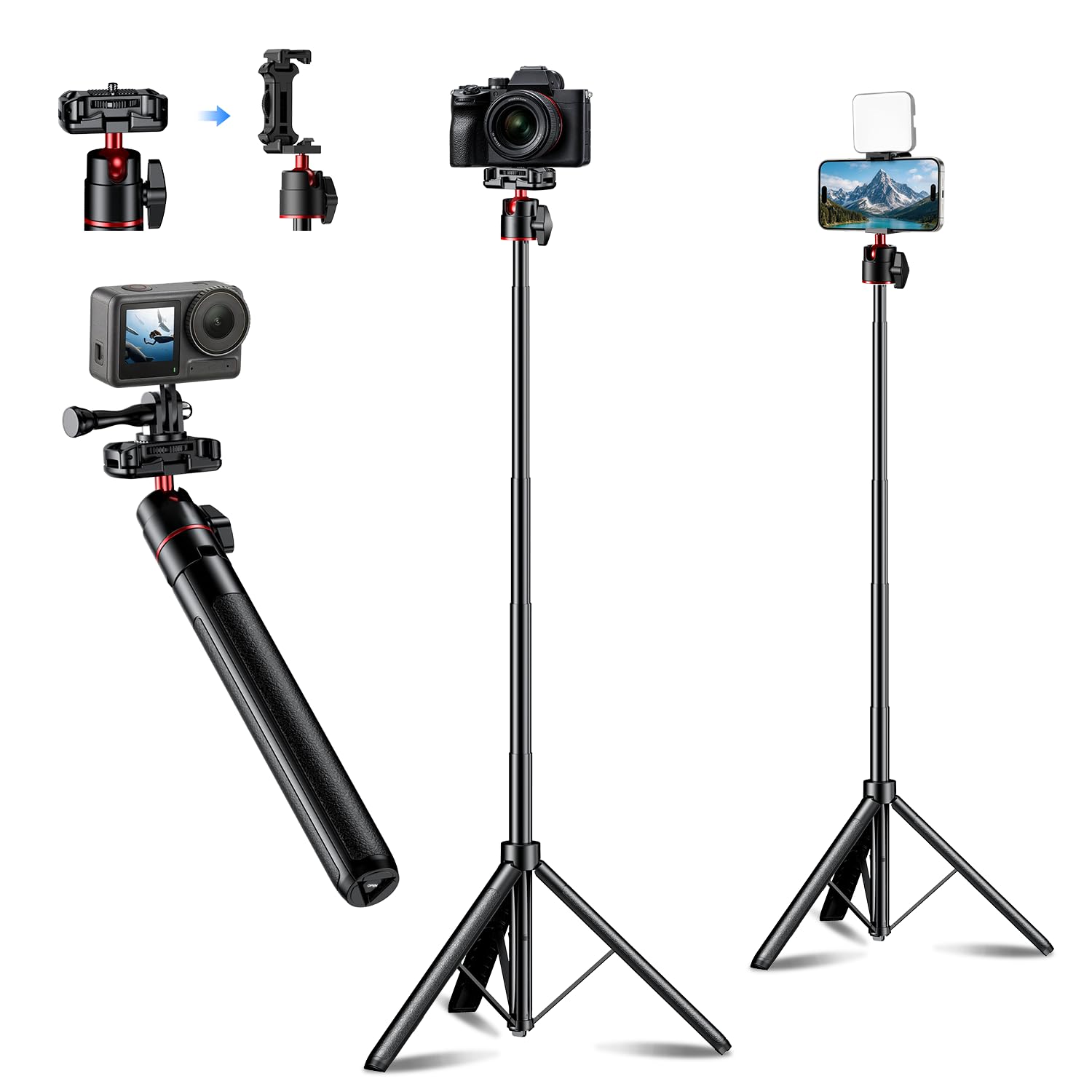 Celfiexpt Camera Tripod Stand with 2 in 1 Camera & Phone Mount,59" Extendable Vlogging Tripod with 360° Ball Head, Cold Shoe, 1/4" Quick Mount Screw, Selfie Tripod for Action Camera (Without Remote)-image-6