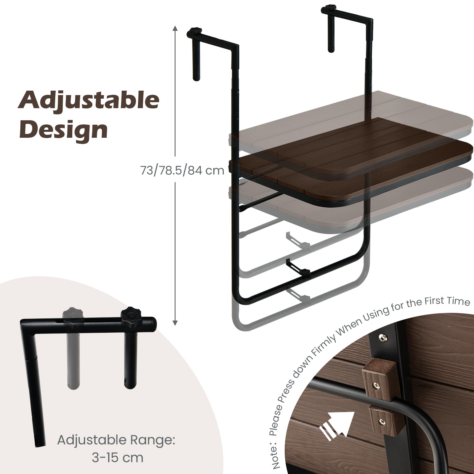 KOMFOTTEU Balkontisch klappbar & wetterfest, Balkonhängetisch höhenverstellbar in 3 Stufen, Gartentisch Klapptisch bis 30 kg, Hängetisch klein für Outdoor & Indoor (Kaffee)