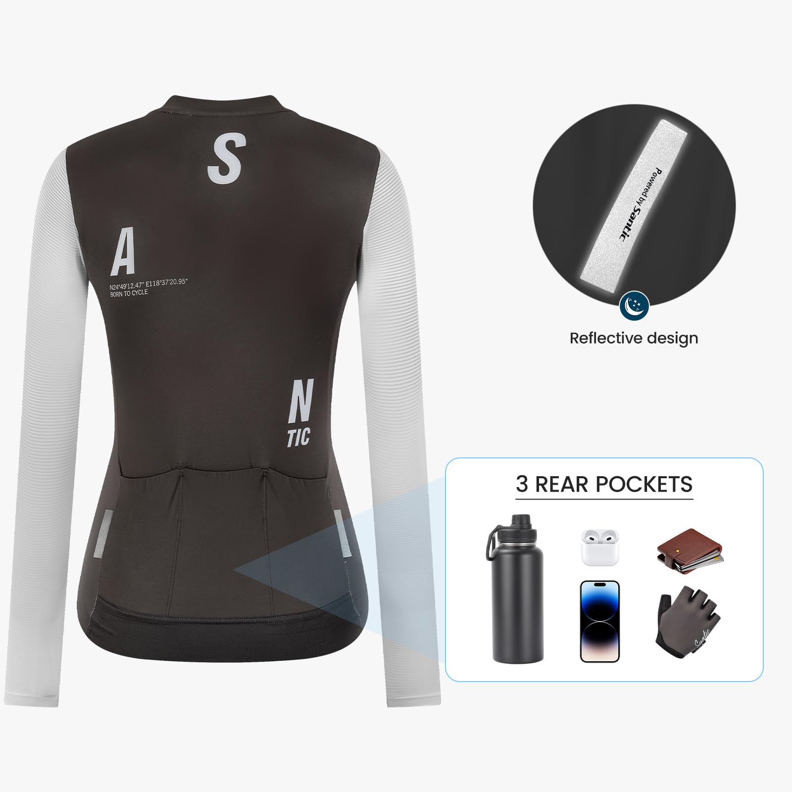 Santic Damen Radtrikot Langarm Tops Pro Bike Shirt Full Zipper UPF 50+ MTB Jersey mit Taschen