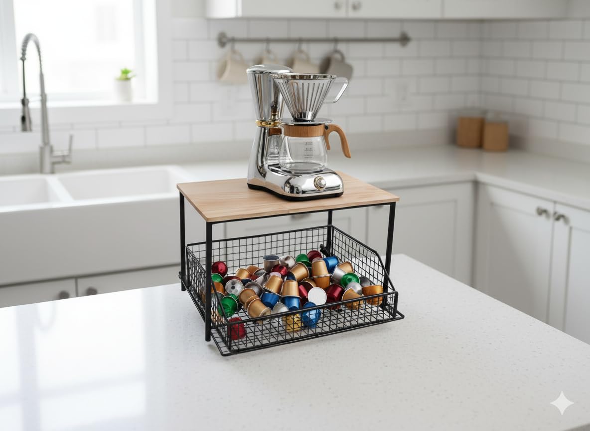 Estantería de Cocina, con Cesta Extensible, Organizador de Cocina, Almacenamiento, Soporte microondas, Electrodomésticos, Soporte Cafetera, articulos de Cocina, Estante encimera.