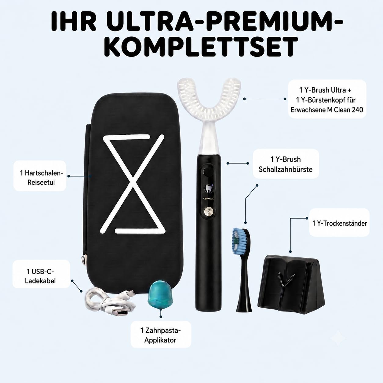 Elektrische Zahnbürste Y-Brush Ultra Premium – Premium-Set | 6 Monate Akku | 2× effizienter | Biotech Dental, führend in Europa | Premium-Set | 6 Modi | Aufhellung