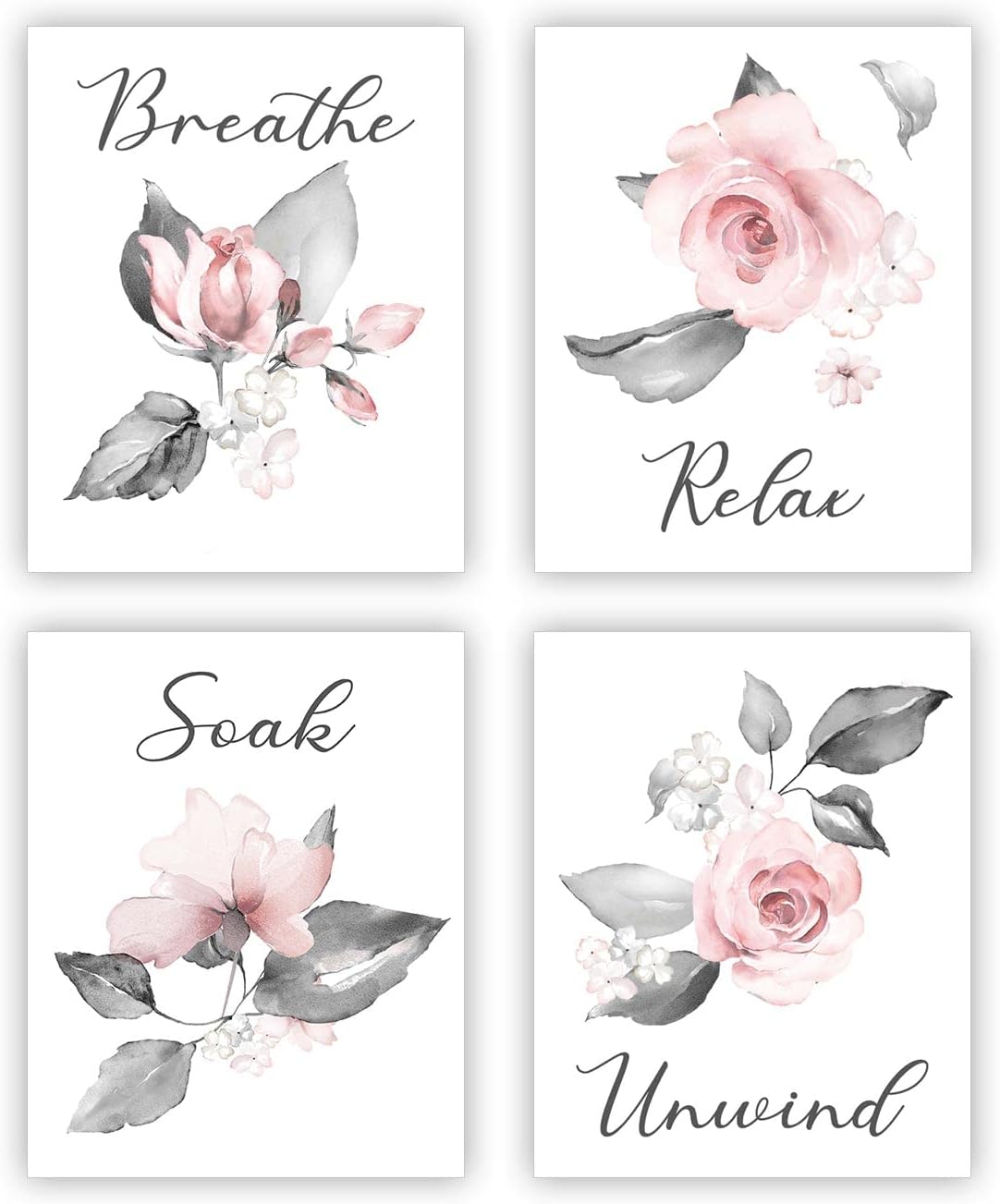 heilkee Pink Flower Wall Art Bathroom Grey Wall Decor Relax Soak Unwind Breathe Wall Pictures Bathroom Signs Set of 4(UNFRAMED 8x10in)