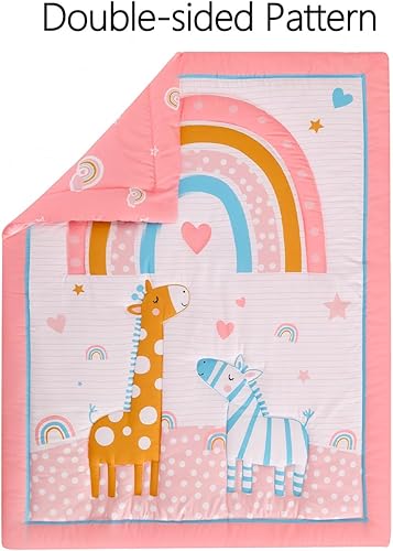 Miniatura 5 de Juego de ropa de cama para cuna para niñas, 4 piezas, bohemio, arco iris, rosa, juego de ropa de cama para guardería con edredón de bebé, sábana