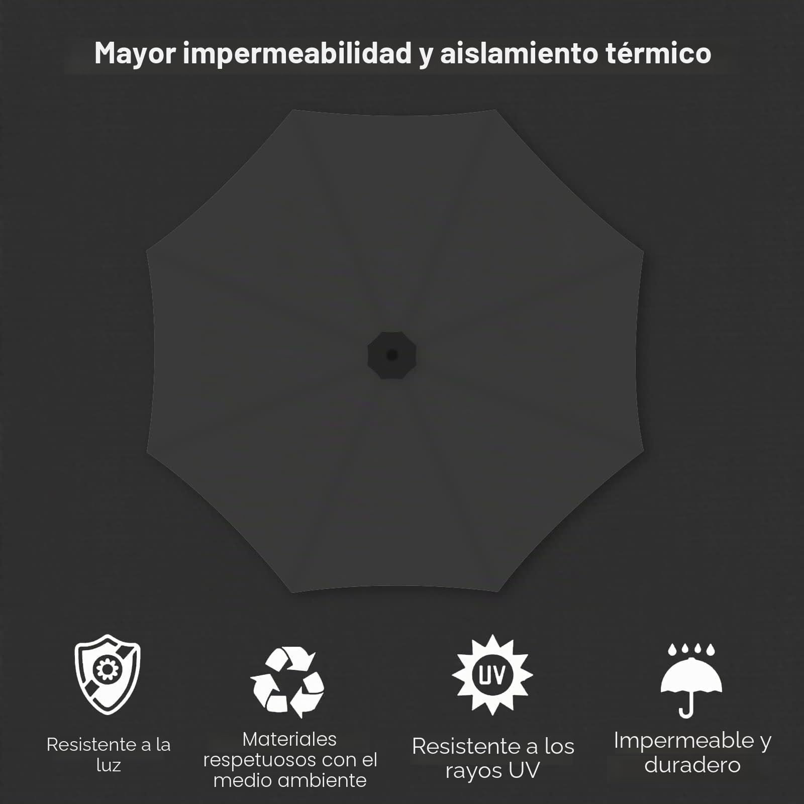 Fiqops Sombrilla de 300-350 cm de diámetro, con manivela con/sin luces led solares, con soporte, para jardín, protección solar, protección ultravioleta, sombrilla de mercado impermeable con manivela
