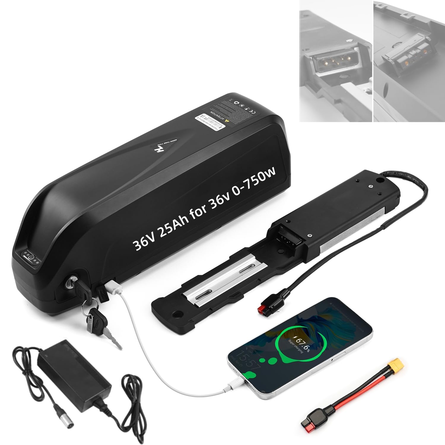 36V 48V 52V Electric Bike Battery with Charger and Base (36V 25AH 5-Pin)