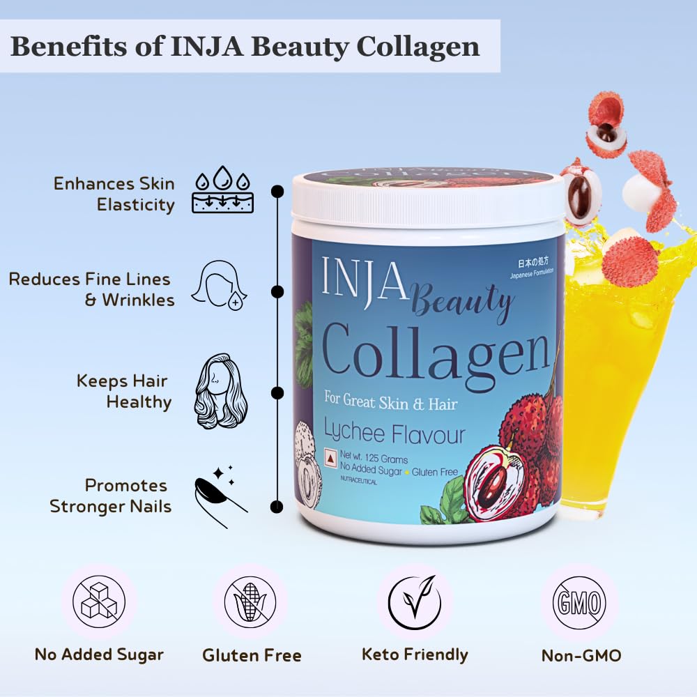 INJA Beauty Marine Collagen Powder for Women and Men, Japanese Formulation Collagen Supplement with Vitamin C, Supports Healthy Skin, Hair, Joints, Muscles, Sugar-Free, Gluten-Free, Lychee Flavor, 125 gm