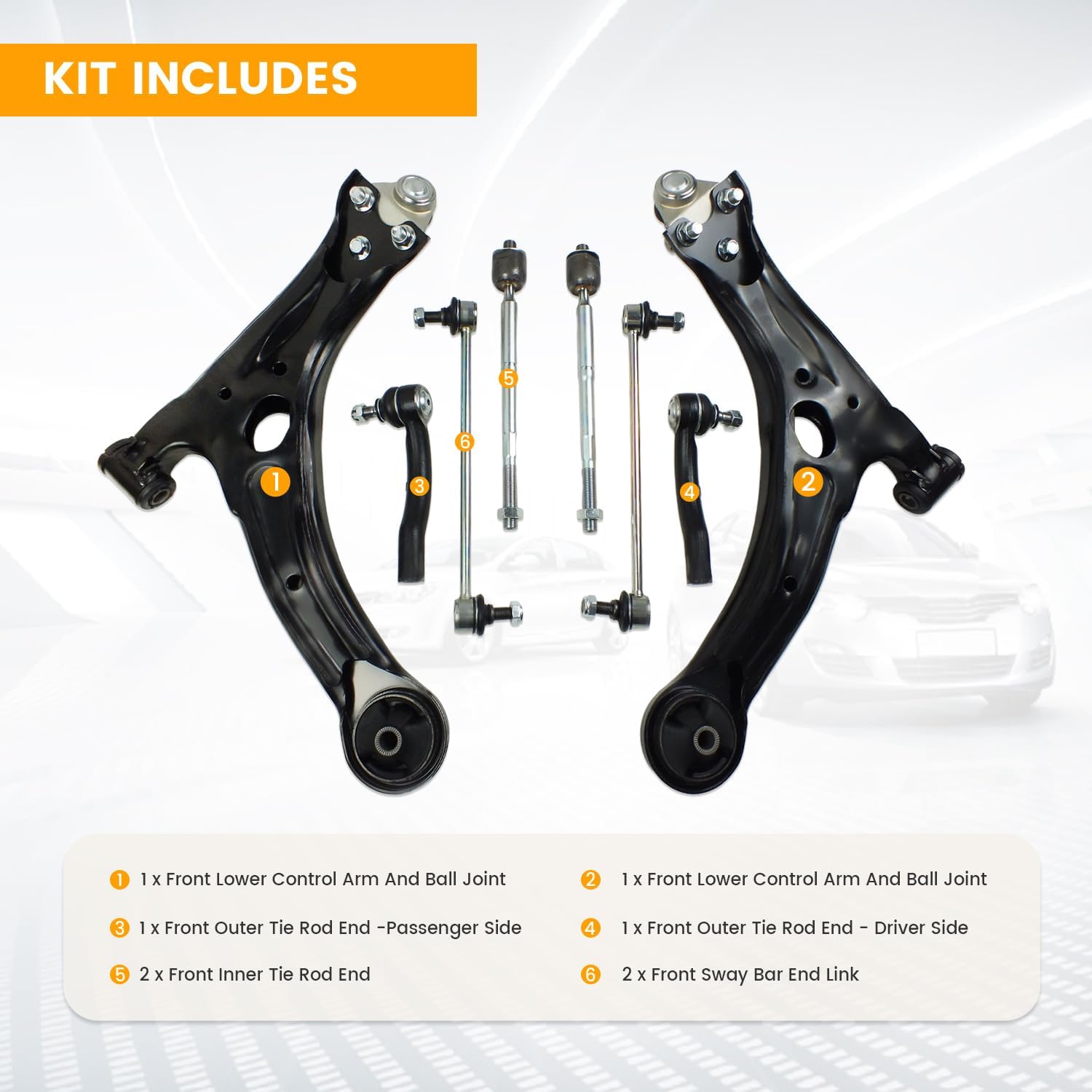 10pcs Front Suspension Kit for Corolla Front Lower Control Arms + Ball Joints + Sway Bar Links + Inner Outer Tie Rods End Kit for 2003 2004 2005 2006 2007 2008 Toyota Corolla K640361 K640360