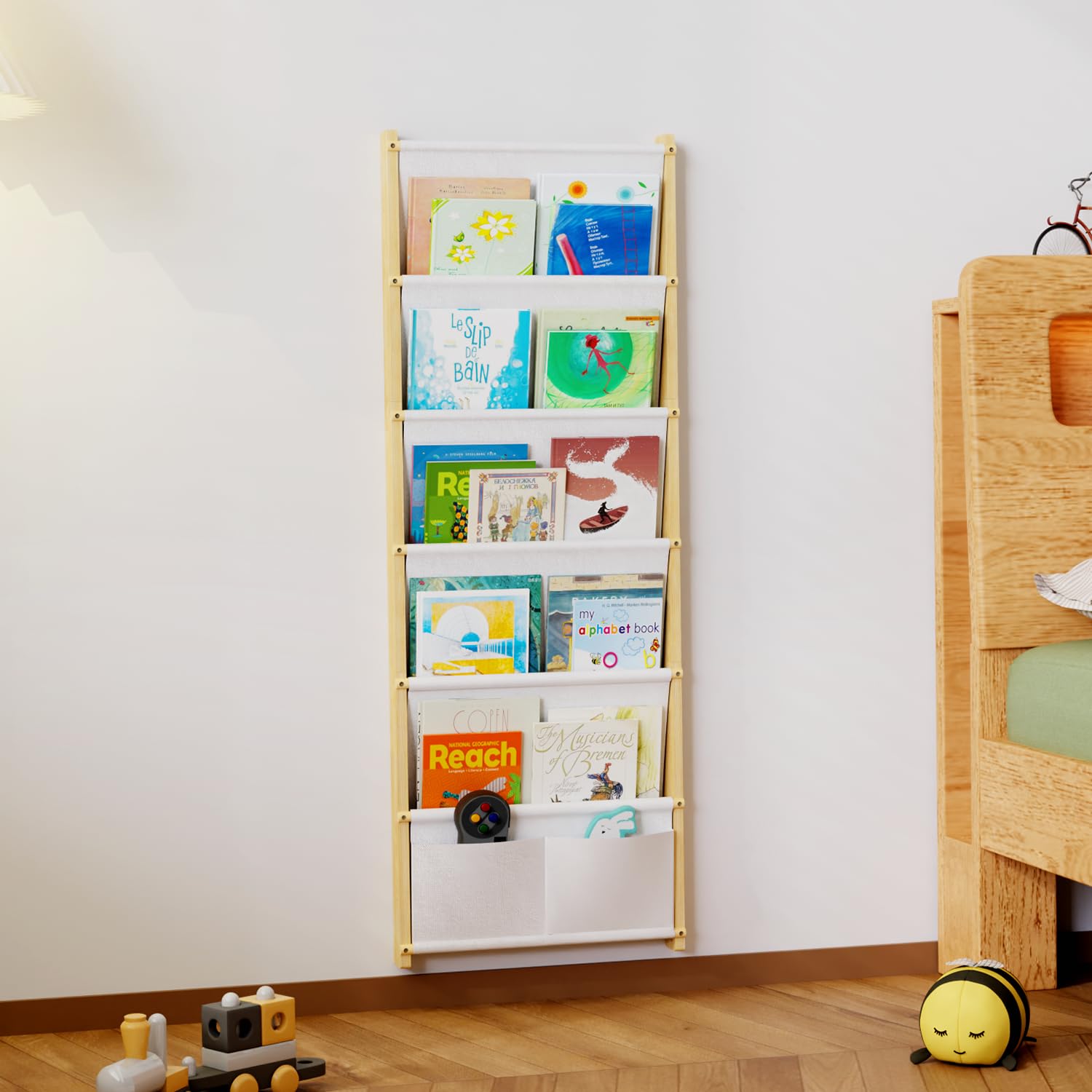 Bücherregal Kinder Wand Holz, mit 6 Lagige Taschen Wandregal Bücher Kinder, Montessori Bücherregal für Spielzeug, Kinderzimmer, Baby Zimmer, Spielzimmer, Kinderregal Bücher Aufbewahrung, 118*42CM