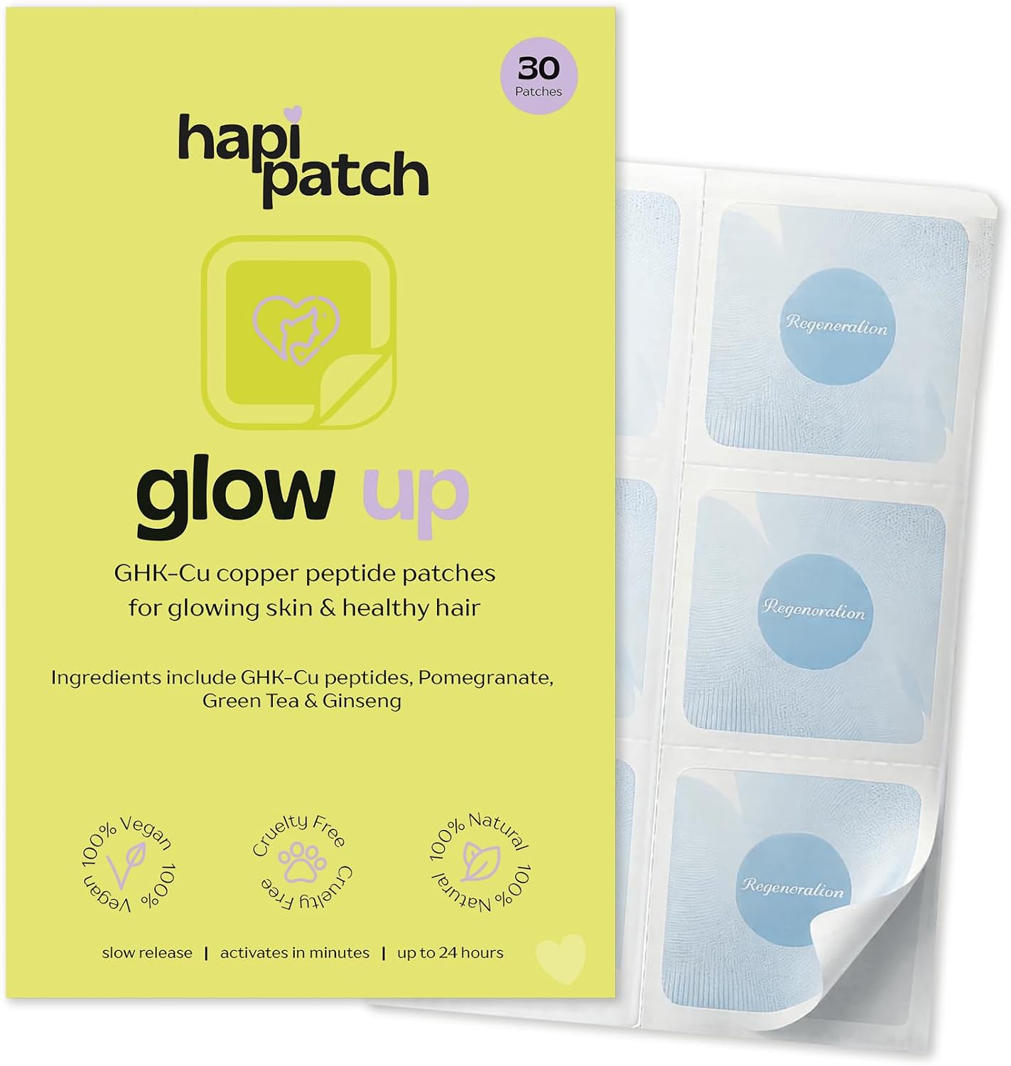 HapiPatch Glow Up GHK-Cu Copper Peptide Patches   Transdermal Vitamin Patches for Skin Firmness, Fine Lines & Hair Vitality   24-Hour Collagen Support, Made in the UK   30 Patch Pack