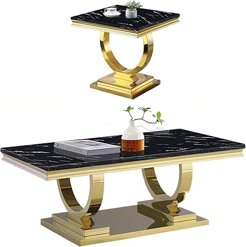 Miniatura 19 de Juego de 2 mesas de café de mármol, juego de mesa de sala de estar de 2 piezas que incluye 1 mesa auxiliar y 1 mesa auxiliar, moderna mesa auxiliar