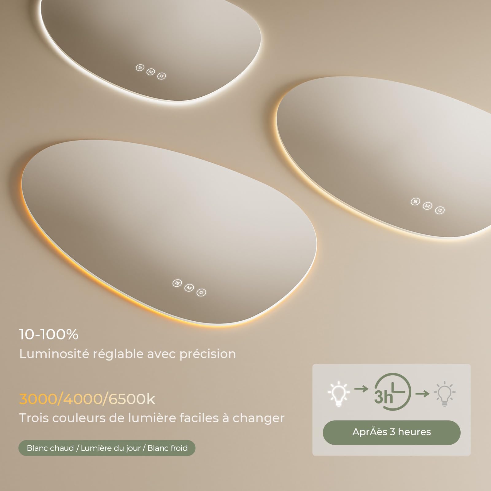 S'AFIELINA Miroir de Salle de Bain avec Éclairage 85×50×2,5 cm (H×L×P) Miroir Rond Asymétrique avec Interrupteur Tactile, Dimmable, 3 Couleurs de Lumière Réglables, Antibuée Miroir de Salle de Bain