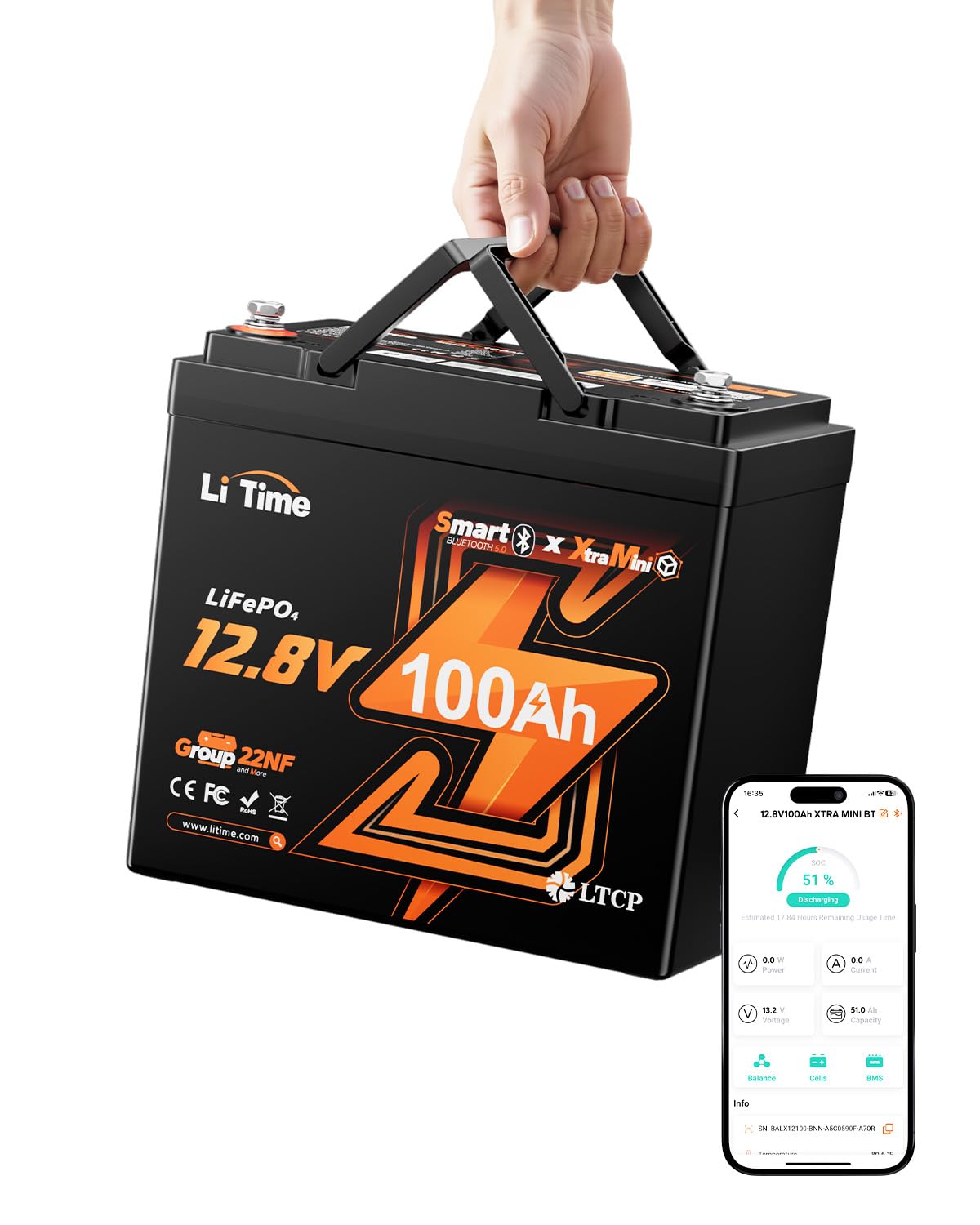 Litime 12V 100Ah Xtra-Mini LiFePO4 Lithium Battery for RV, Marine, Boat