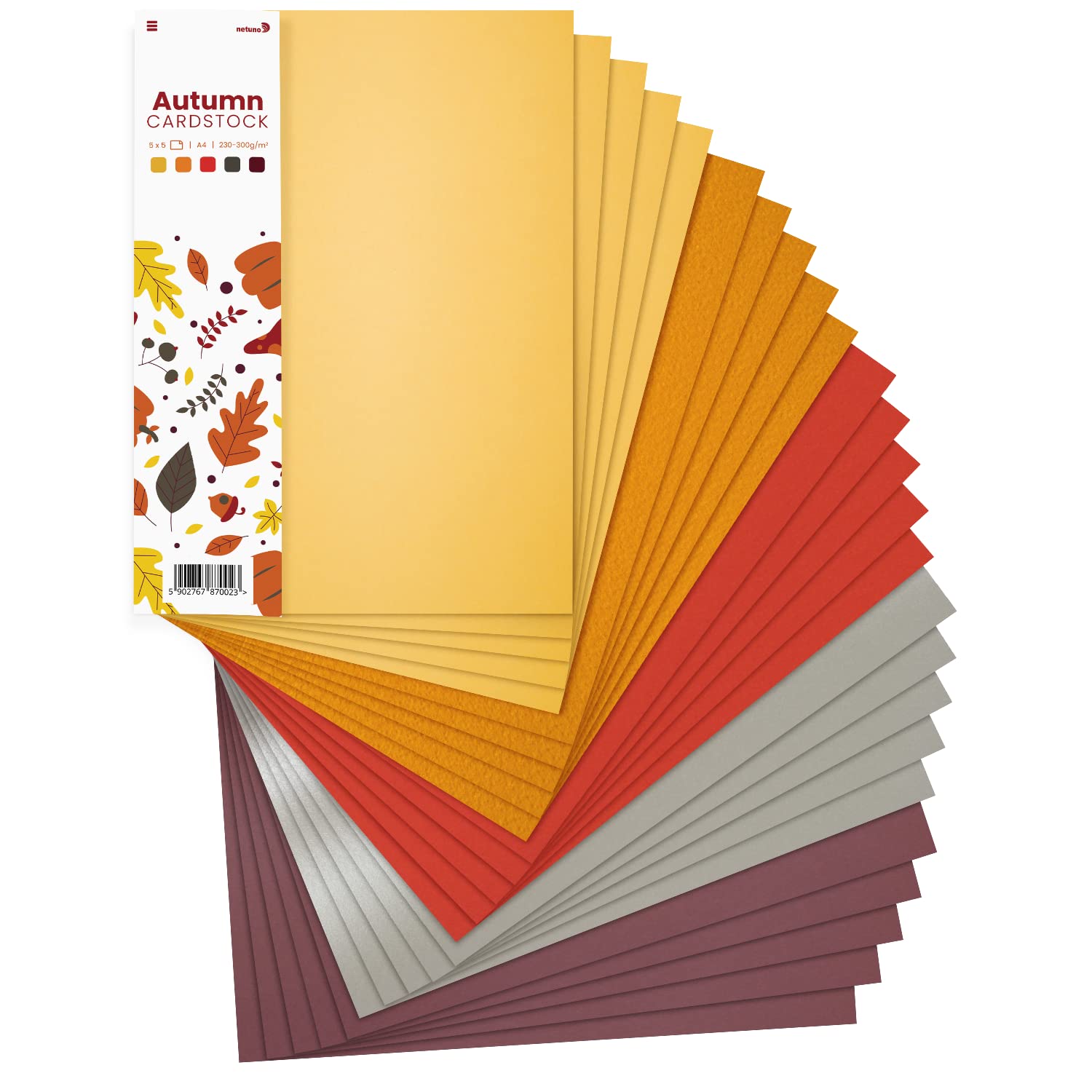 Netuno 25x A4 Autumn Theme Coloured Card Craft Paper Set - 5-Colour Assorted DIY Cardstock for Scrapbooking & Arts