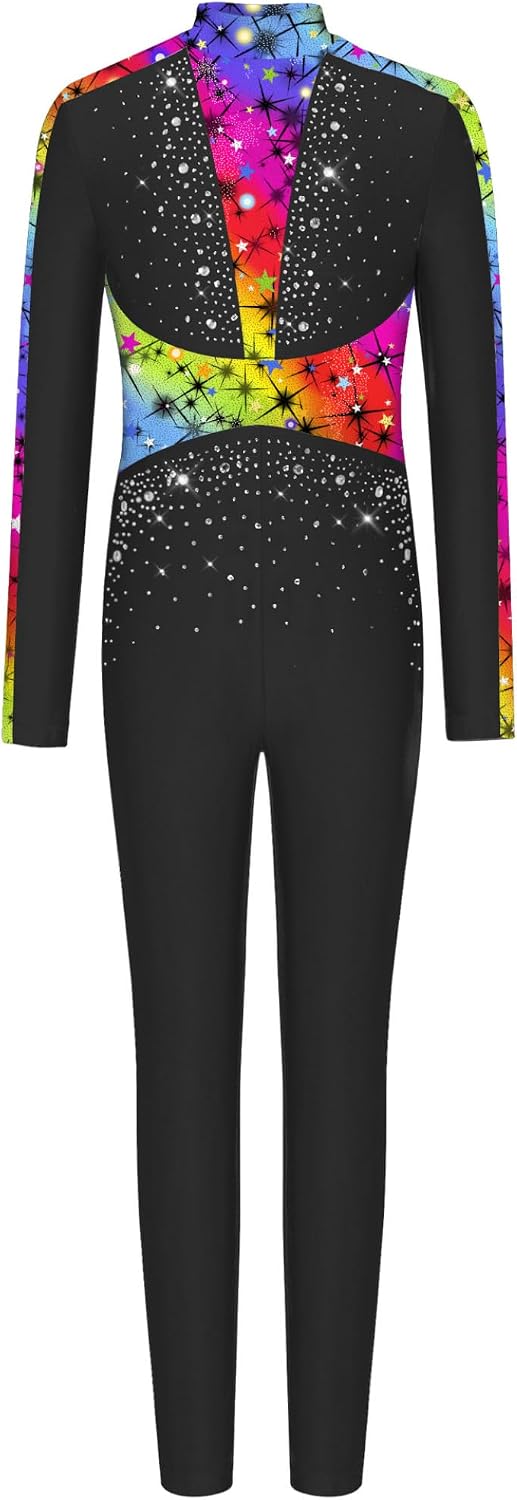 Jhaoyu Girls Long Sleeve Gymnastics Unitards with Rhinestones Zip Back Printed Figure Skating Jumpsuit for Performance