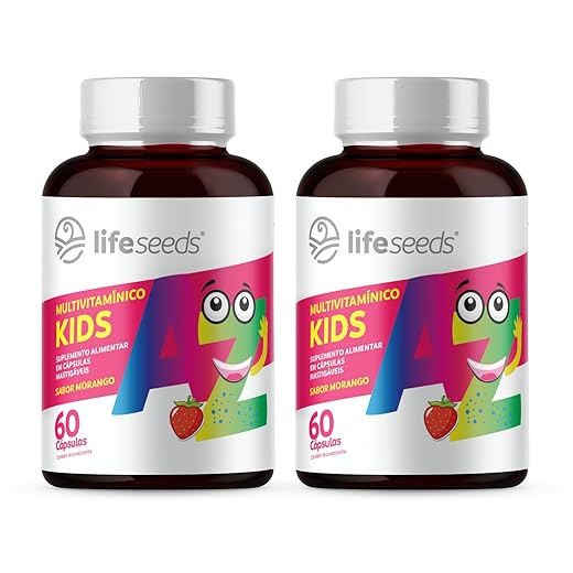 Multivitamínico AZ Kids - Vitaminas A, D, E, K, C, B1, B2, B3, B5, B6, B7, B9, B12, Cálcio, Cromo, Ferro, Magnésio, Selênio e Zinco - Sabor Morango – 2 Potes - 120 Cápsulas Mastigáveis