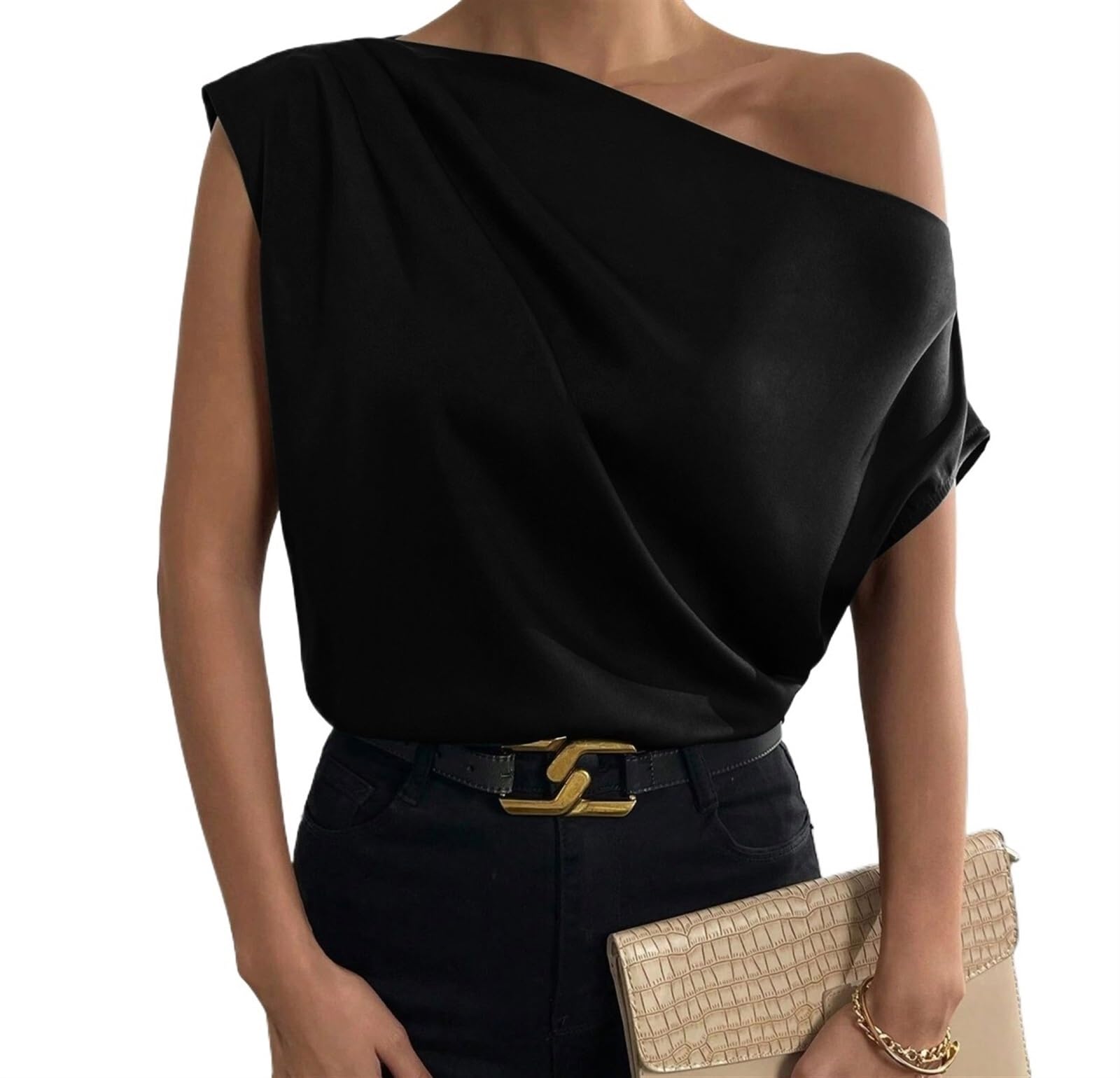 2024 Summer Womens Tops Vest Slant Neck Pleated Asymmetric Vest Tops Solid Colour One Shoulder Versatile Tops Color