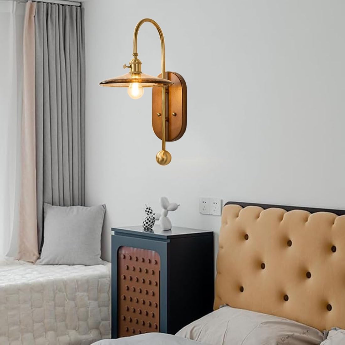 Applique da Parete Moderne in Stile Industriale con Paralume in Vetro e Base in Legno Rustico, a Collo D'Oca, in Stile Nordico, Ideali per Soggiorno, Comodino, Veranda e Ingresso.