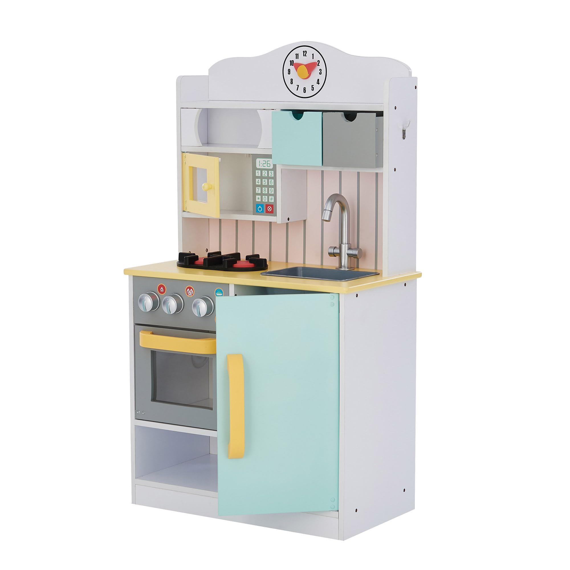 Teamson Kids Little Chef Florence Classic Interactive Wooden Play Kitchen with Accessories and Storage Space for Easy Clean Up, White with Mint Green and Yellow Accents