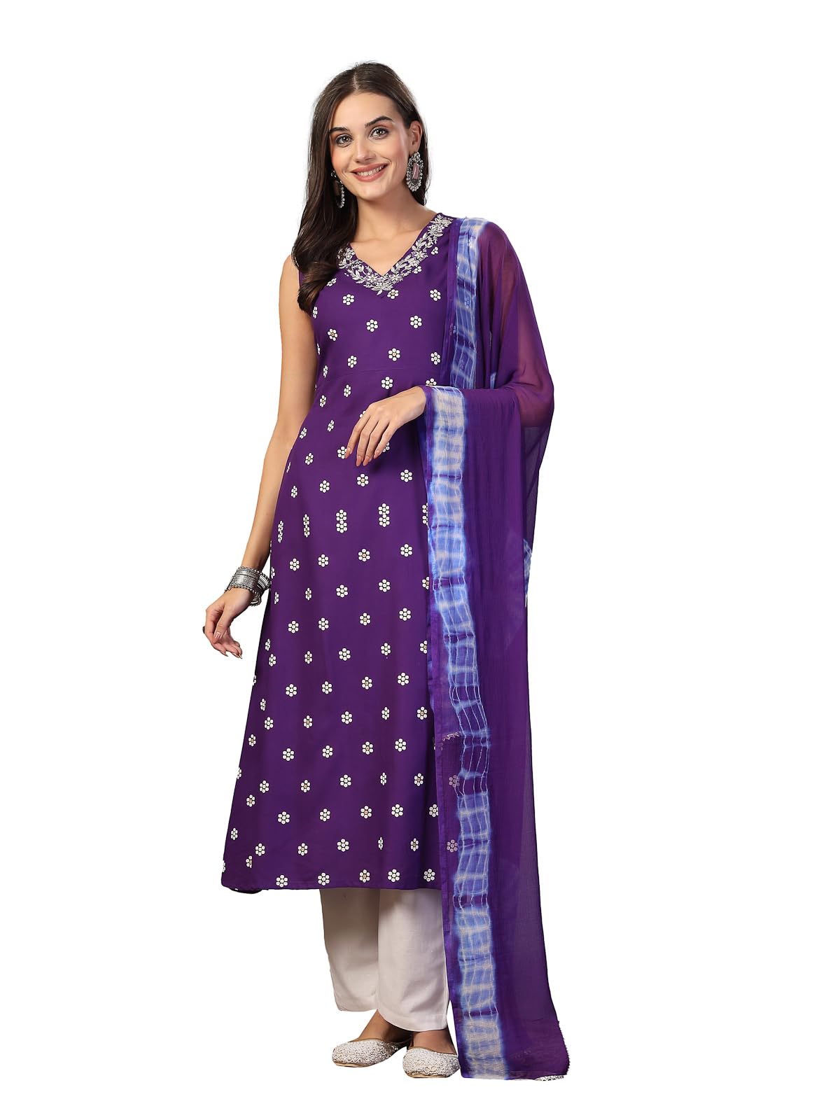 Stylum Women's Floral Printed & Embroidered Rayon A-Line Kurta Dupatta Set (Kdvoilrasna42_Violet, Xl)