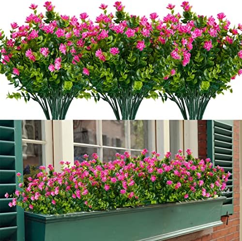 HAPLIA 6 Bundles Artificial Flowers, Fake Artificial Greenery UV Resistant No Fade Faux Plastic Plants for Wedding Bridle Bouquet Indoor Outdoor Home Garden Kitchen Office Table Vase(Pink)