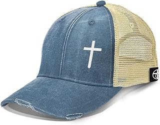 Embroidered Cross Christian Trucker Hat - Adjustable Fit Cotton Snapback Hat - Breathable Mesh Side for Casual Wear
