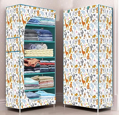 Image of BONTEC Baby Wardrobe for Clothes - almirah - Rack fot Storage Multipurpose Plastic almirah Printed Cover 6 Shelves Storage Clothes Storage Rack Quick Cabinet /Multipurpose (Baby Animal)