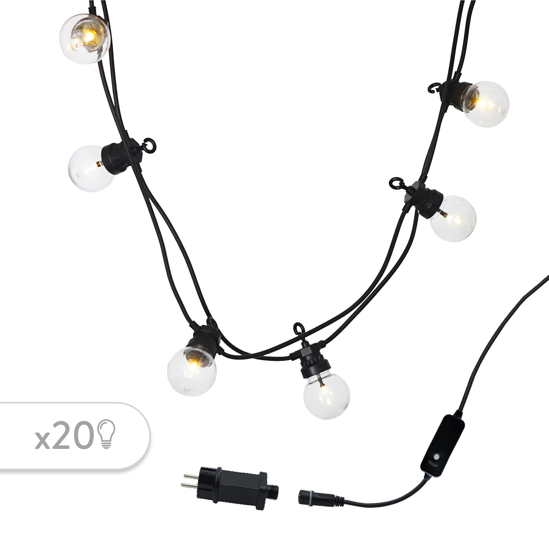 Guirnalda de luces solares y en sector conectable 40 bombillas transparentes LED blanco cálido PARTY CLEAR 20 L14,4 m