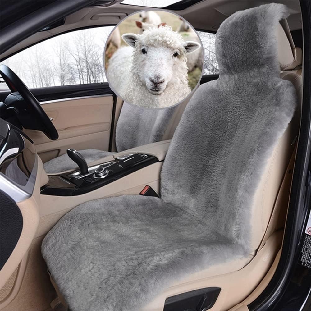 Real Genuine Sheepskin Seat Covers for Cars SUV Trucks Van RV Front Seats Sheepskin Car Seat Covers Sheepskin Automotive Seat Covers Fuzzy Fleece Fur Car Seat Covers Universal Gray (1 Piece)