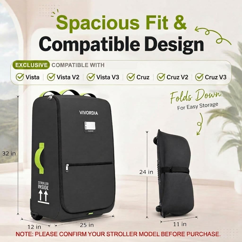 Stroller Travel Bag for Airplane,Compatible with UPPAbaby Vista V1/V2/V3,Cruz V1/V2/V3, Padded Gate Check Stroller Bag with Large Jagged Wheels, Reinforced Bottom, External Pocket (Black)