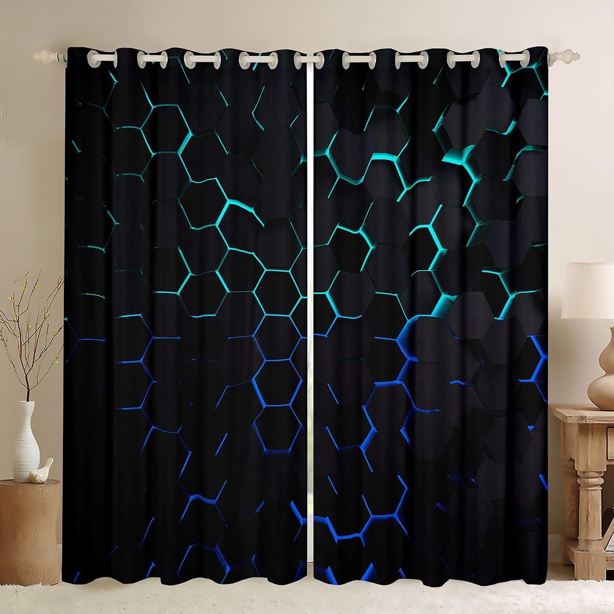 Geometric Honeycomb Window Curtains,Teal Blue Curtain,Hexagon Window Drapes for Kids Teens Boys Young Man,Modern Bedroom Decorative,Modern Geometry Curtain,38Wx54L