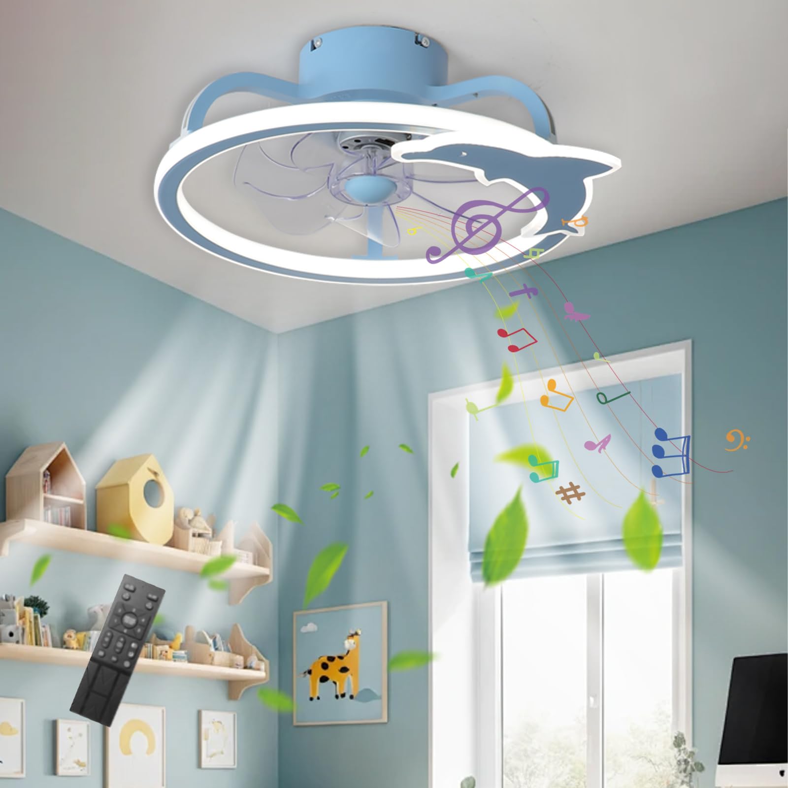 SXDMOUBK Dolphin Modelling Dimmable Kids Ceiling Fan with Light and Remote, Modern Kids Bedroom Ceiling Fans with Lamps, Smart Silent LED Ceiling Fans with Lights with Bluetooth Speaker-Blue