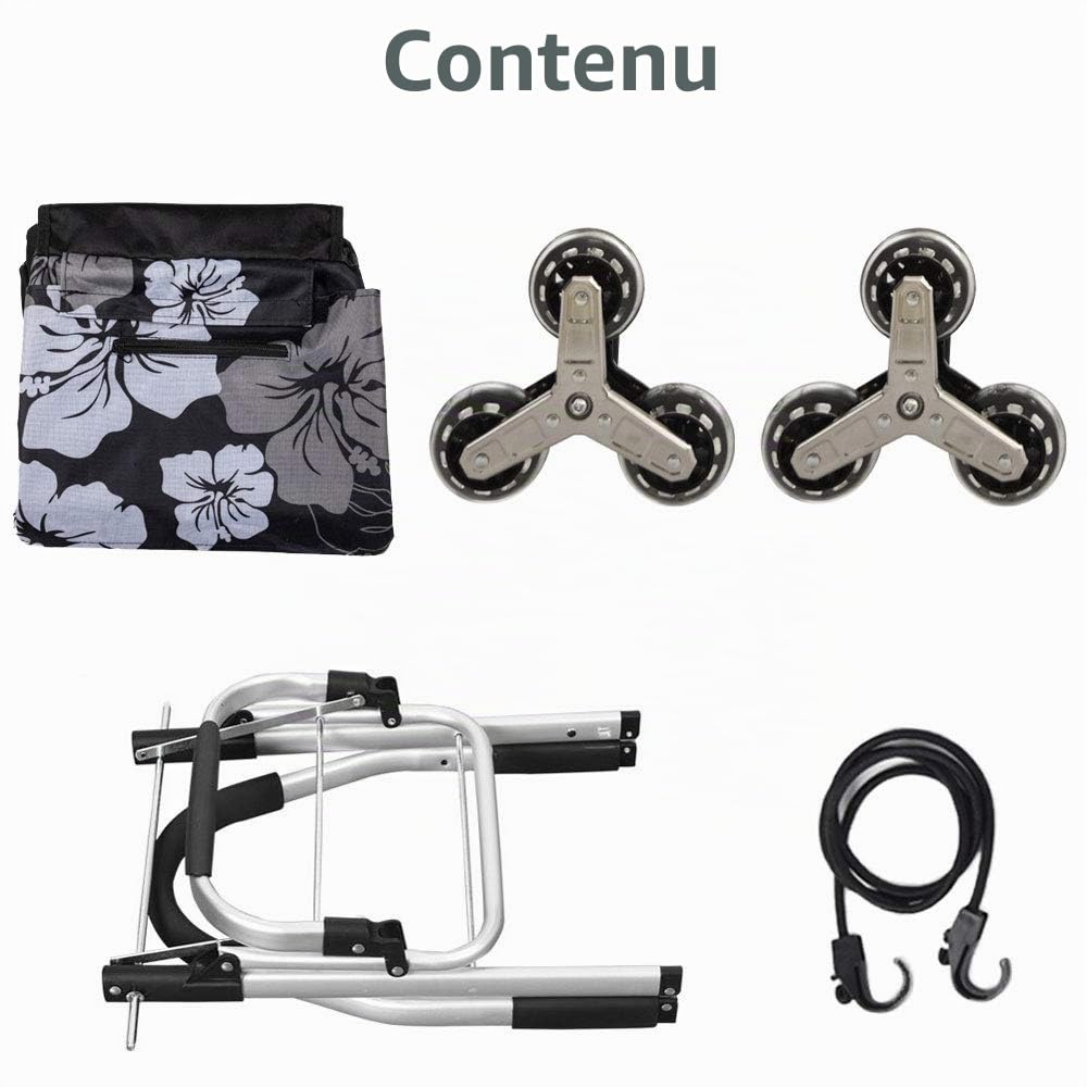 Chariot de Courses à 6 Roues : Caddie | Shopping Trolley Pliable Adapté au Monte-Escalier avec Sac en Toile de Rangement Imperméable & Amovible （Compartiment Isotherme） Fleurs
