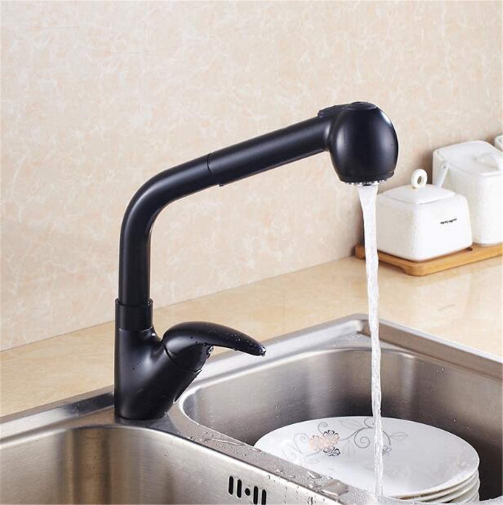 VDOQTLJT Kitchen Faucets Brass Black 360 Rotate Sink Faucet Pull Out Spray Tall Swivel Spout Deck Mounted Mixer Tap Crane with Aerator Retro Style(Nero)