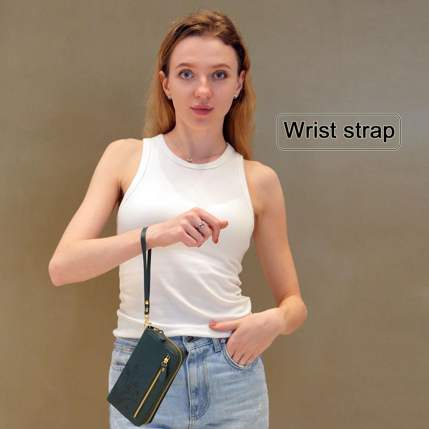 Lacass for iPhone 16 6.1 Inch 2024 Wallet Case, Crossbody Dual Zipper Detachable Magnetic Leather Wallet Case Cover Wristlets Wrist Strap 13 Card Slots Money Pocket(Floral Cyan Green) - Image 6