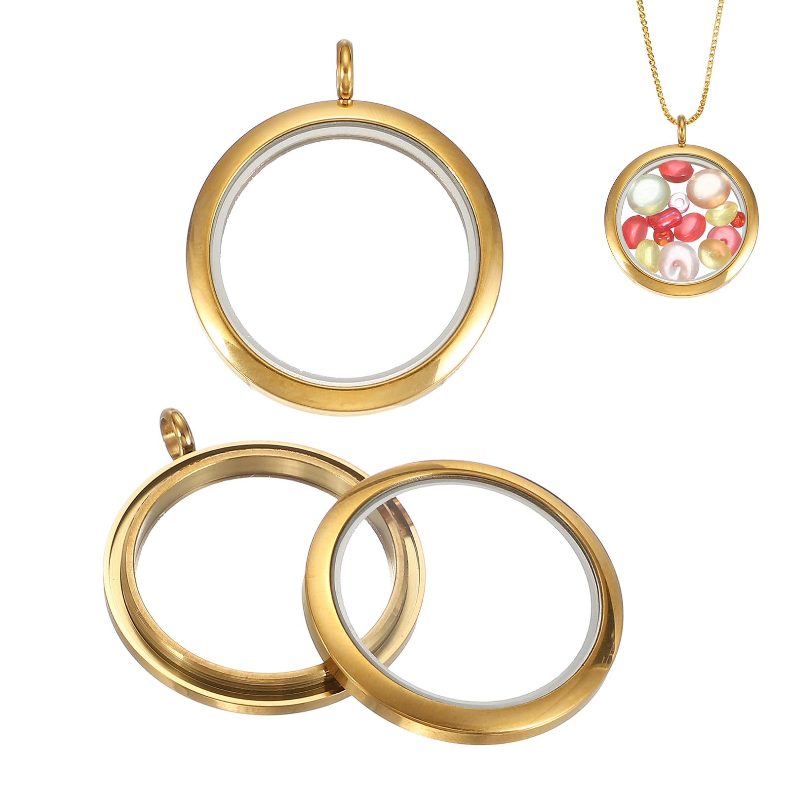 sourcing map 2 Pcs Living Memory Locket Charm, 18mm Round Floating Locket Pendants Stainless Steel Clear Glass Photo Charm for Women Necklace DIY Crafts Making Decoration, Gold