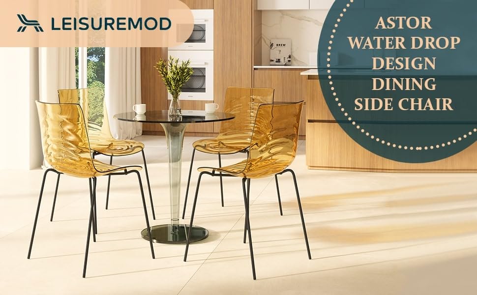 Image of LeisureMod Modern Acrylic Lucite Dining Chair with Metal Legs, Accent Side Chair for Dining Room, Contemporary Kitchen, Small Spaces and Office in Transparent Orange