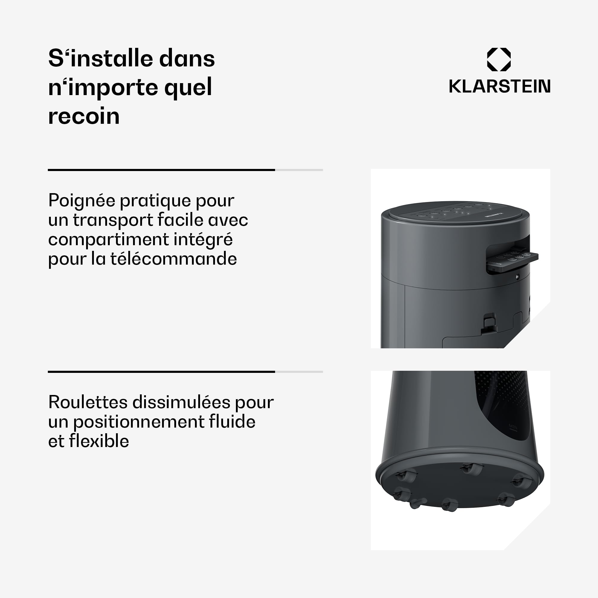 KLARSTEIN Rafraichisseur d’Air, Refroidisseur d’Air Évaporatif, 7L, Télécommande, Minuterie, Mobile, Ventilateur Climatiseur Chambre 20m², Dark Grey