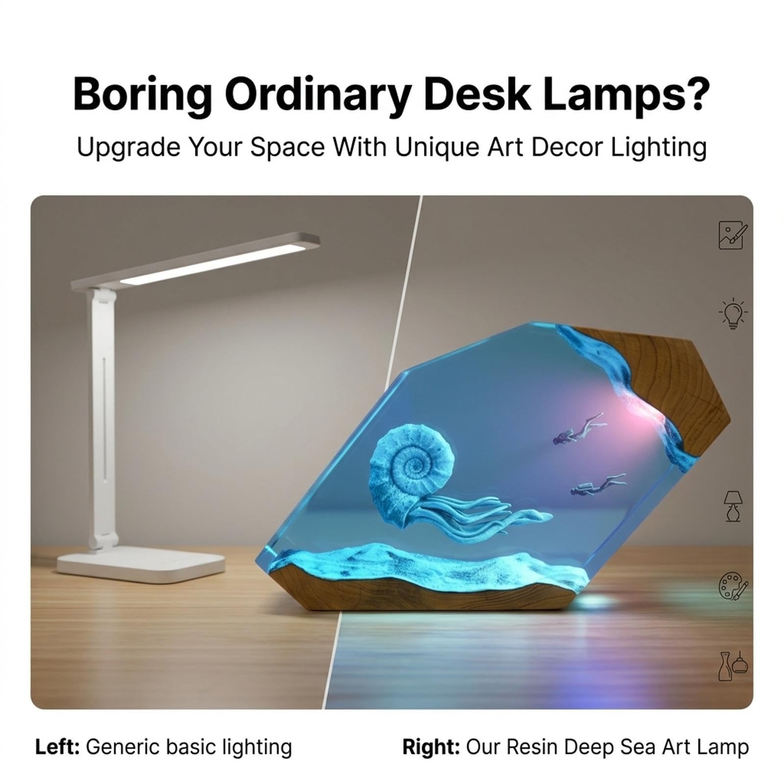 Lámpara Amonita de Resina Epoxi con Buzo, Base de Madera LED