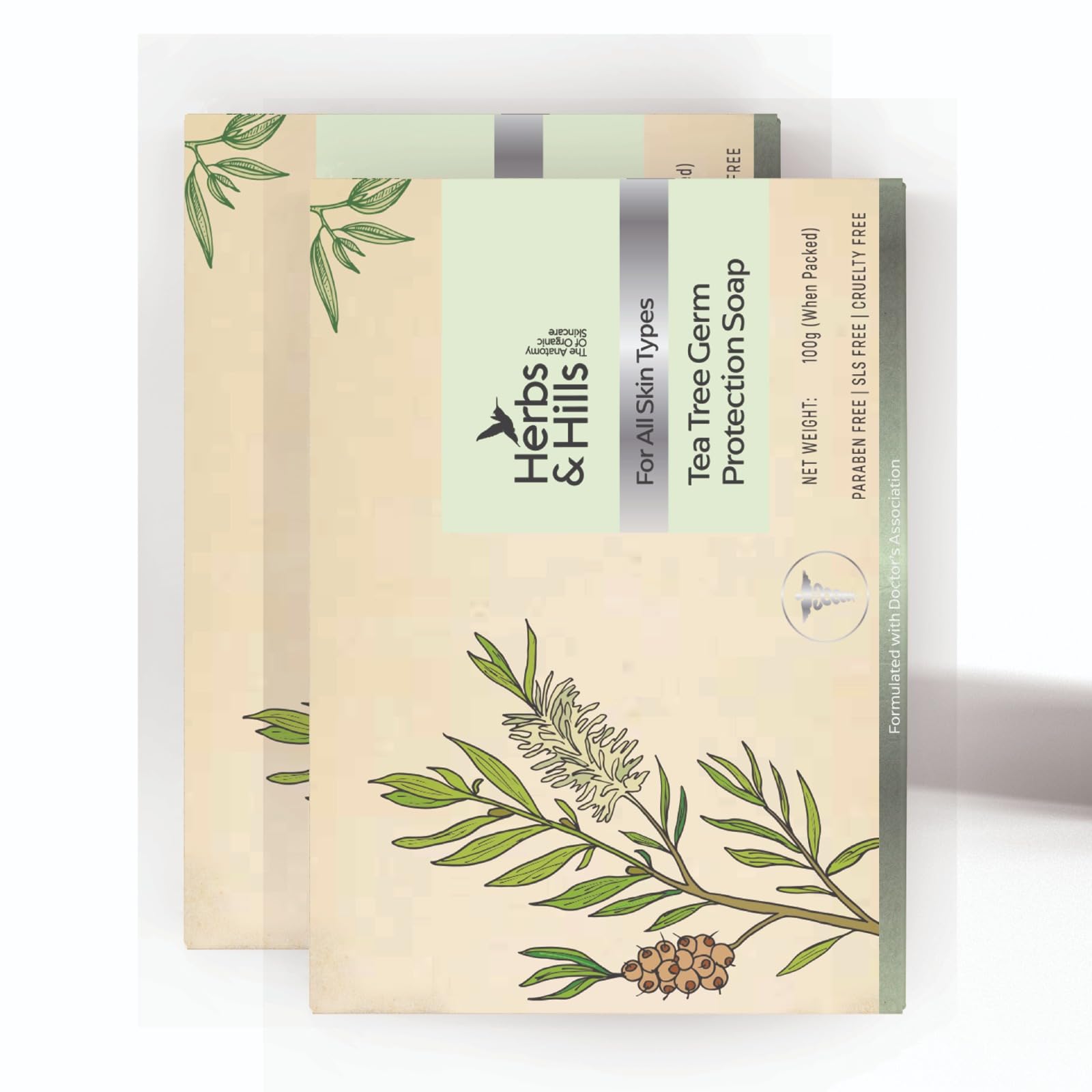 Herbs & Hills Tea Tree Germ Protection Soap (100g x 2) with Coconut Oil & Sweet Almond Oil, For All Skin Types, Acne Pron Skin, Prevent Blemishes, Soften & Moisturize Skin, Avoid Dry Skin