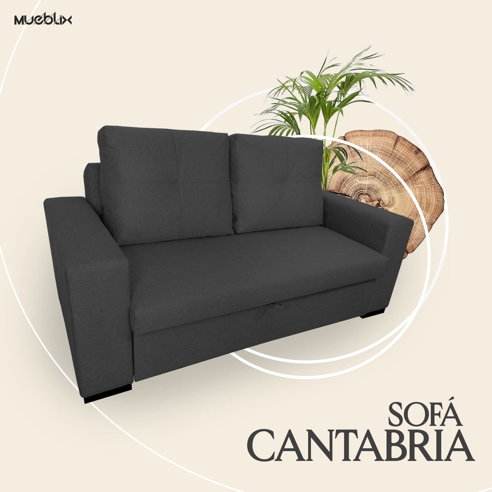 MUEBLIX.COM | Sofá Cama Cantabria | Sofá 2 Plazas | Sillón Cama | Sofa-Cama | Asientos Extraíbles | Sofá de Diseño | Color Antracita