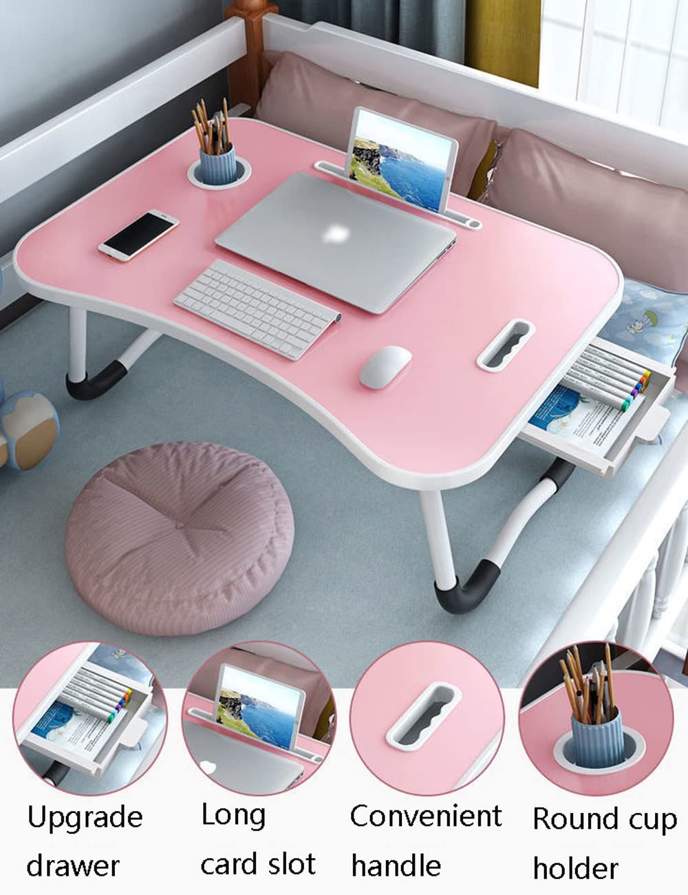 Sleek Corners Arc biurko na laptopa łóżko, gniazdo na karty/szuflada/uchwyt na kubek / stojak do czytania / uchwyt / składany stolik z tacą na nogi, jedzenie, pisanie (różowy 60,6 cala)