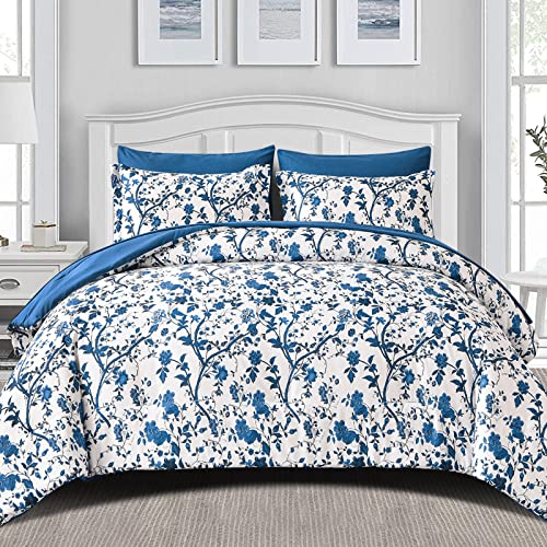 Image of Comforter Set for Queen Bed -7 Pieces Bed in a Bag Soft Microfiber Bed Set Blue Leaves Floral Pattern on White Spring Queen Comforter Sets with Sheets for All Seasons (Queen, Blue)