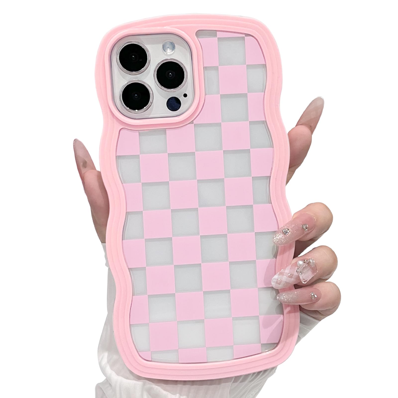 NITITOP Compatible with iPhone 15 Pro Max Case Cute Clear Curly Wavy Frame Shape Aesthetic Checkerboard Checkered Pattern for Women Girls Shockproof