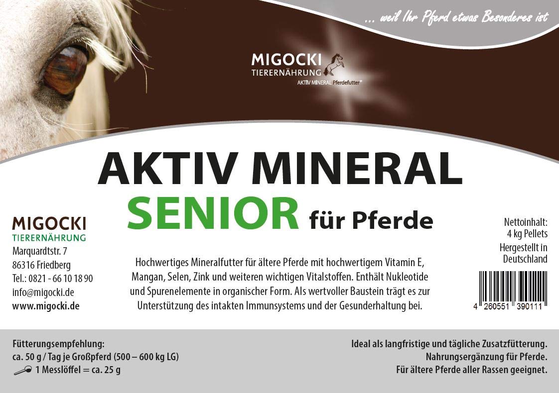 MIGOCKI AKTIV Mineral Senior – 4 kg – Mineralfutter für ältere Pferde – mit Zink, Selen, Mangan und einem hochwertigen Zellschutz-Baustein – Pellets