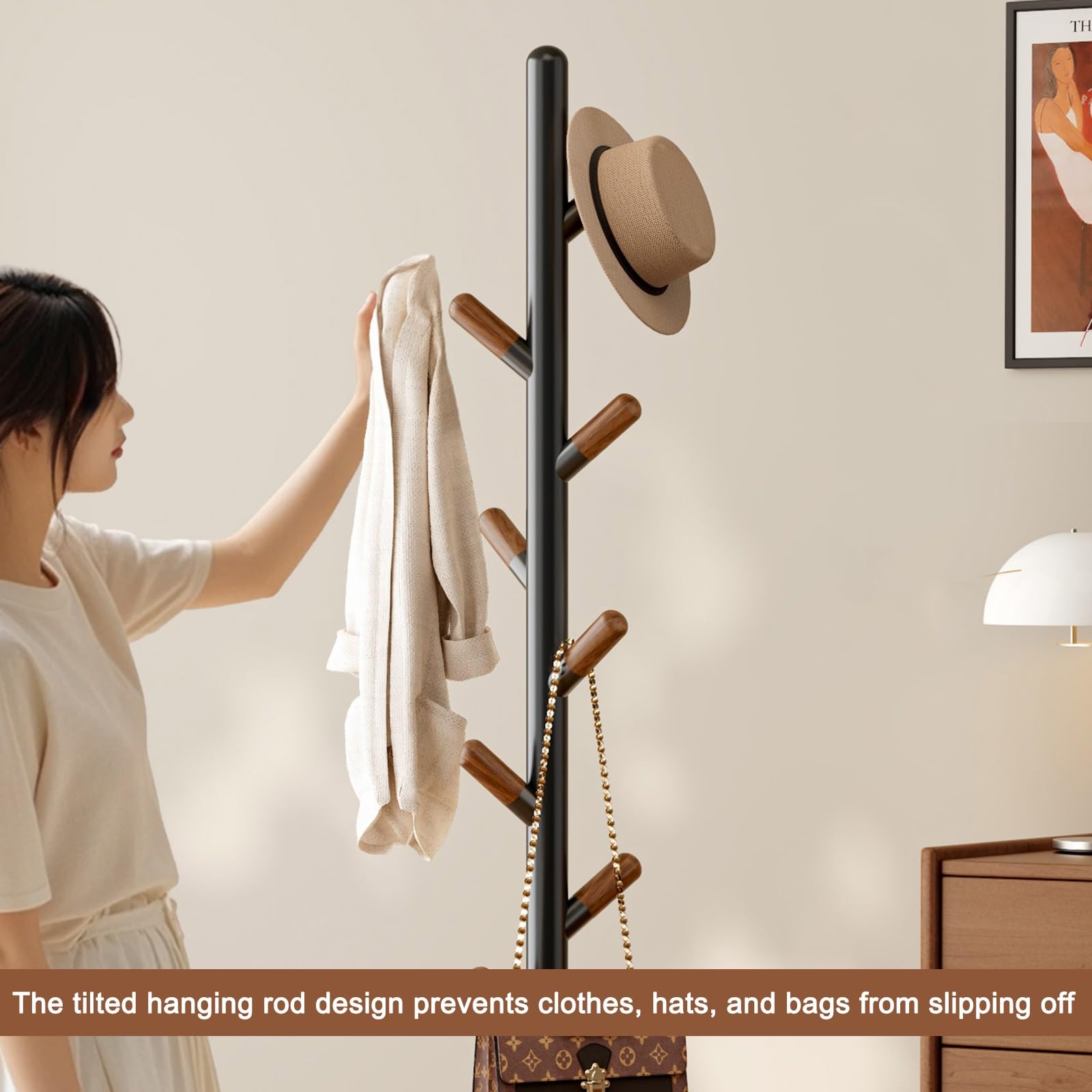 Appendiabiti in legno massiccio con 8 ganci, autoportante, antiscivolo, per camera da letto, ufficio, ingresso, ideale per appendere cappelli e vestiti