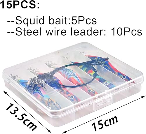 Miniatura 3 de Cebo luminoso de pesca de calamar con alambre de acero, kit de líder de 15 piezas de agua salada de madera para camarones anzuelo de pulpo, sepia y